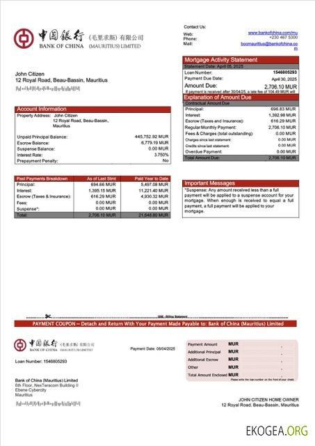 Modèle Word et PDF de relevé hypothécaire de Mauritius Bank of China (Mauritius) Limited